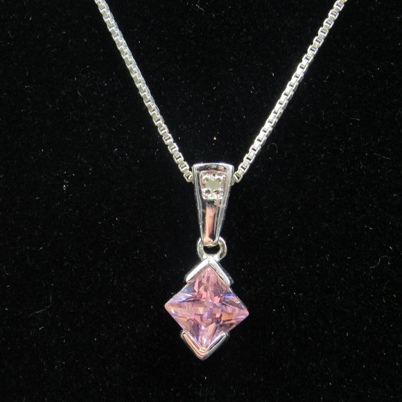 Jewelry - 16" Sterling Silver Pink Cubic Zirconia Gem & Diamond Chip Necklace Vintage